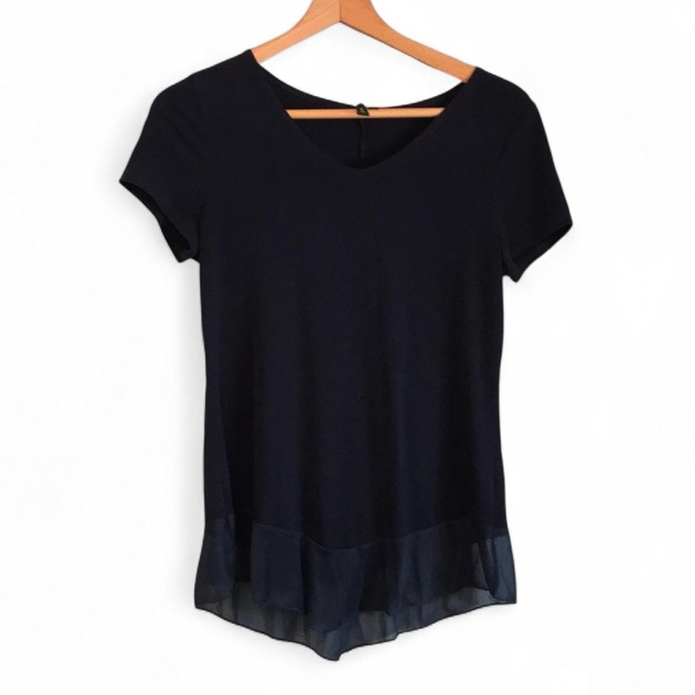 Susan Lawrence Womens S Navy Blue Short Sleeve V-Neck Stretchy Sheer Bottom Top